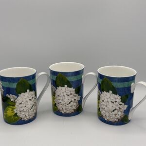 Set of 3 Stechcol Gracie Bone China Blue Mug Hydrangeas Coastline Imports